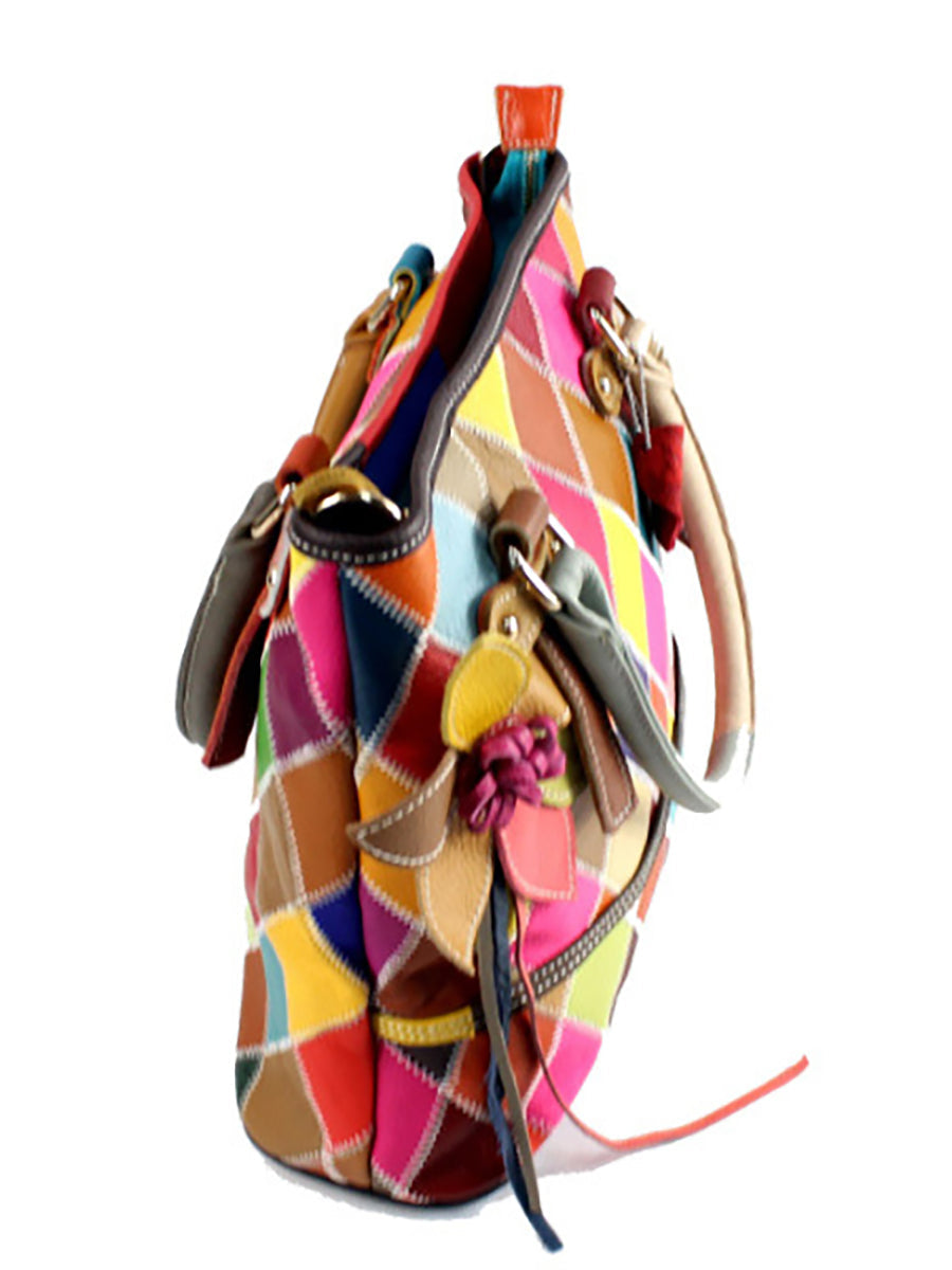 Borsa a mano da donna in pelle con fiore a contrasto di colore
