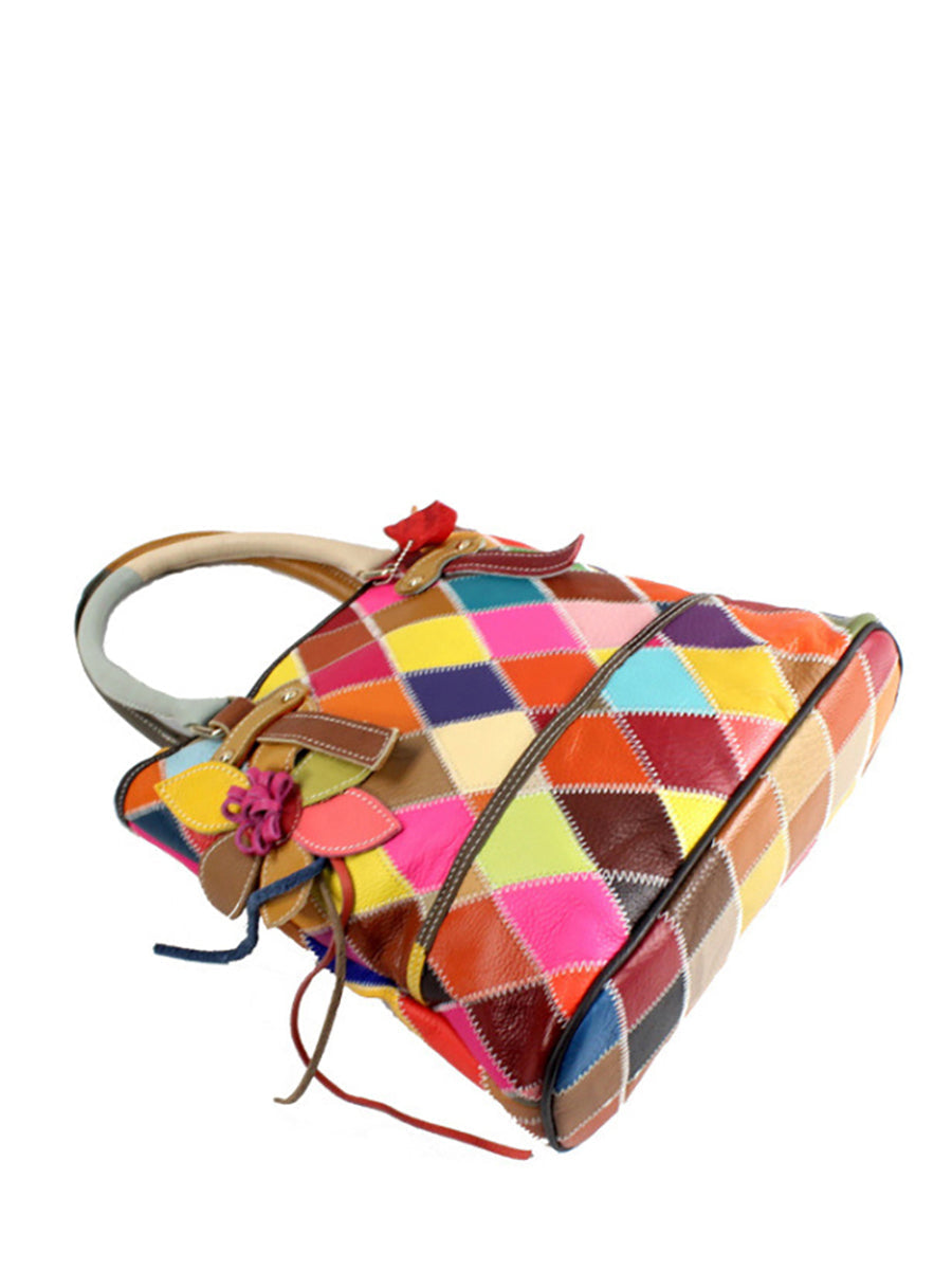 Borsa a mano da donna in pelle con fiore a contrasto di colore