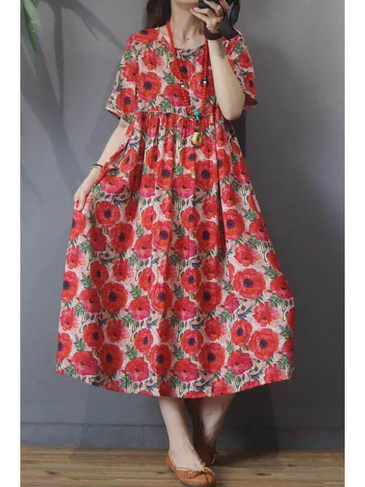 Abito da donna floreale vintage casual a maniche corte