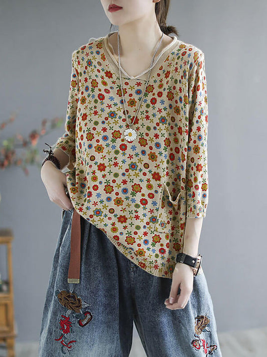 Maglione tascabile con stampa casual in maglia primaverile floreale
