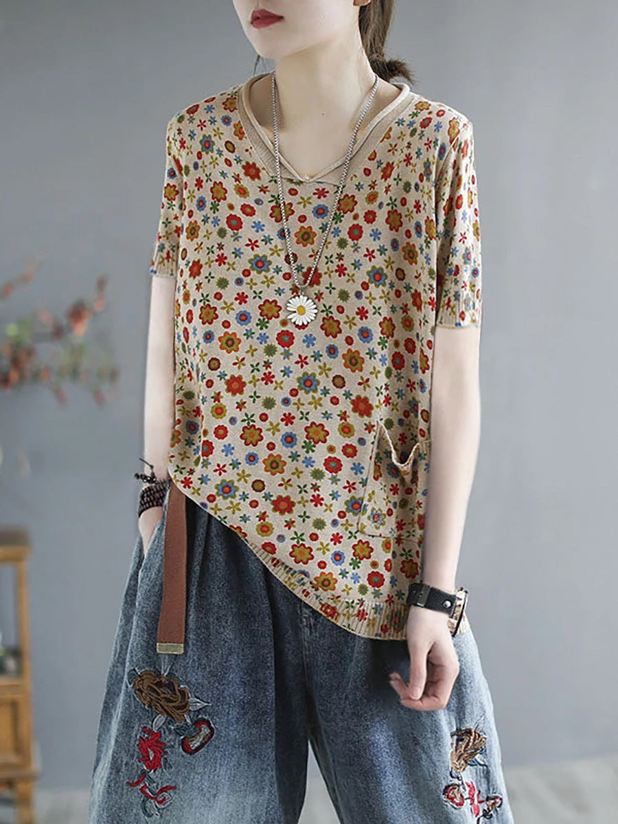 Maglione tascabile con stampa casual in maglia primaverile floreale