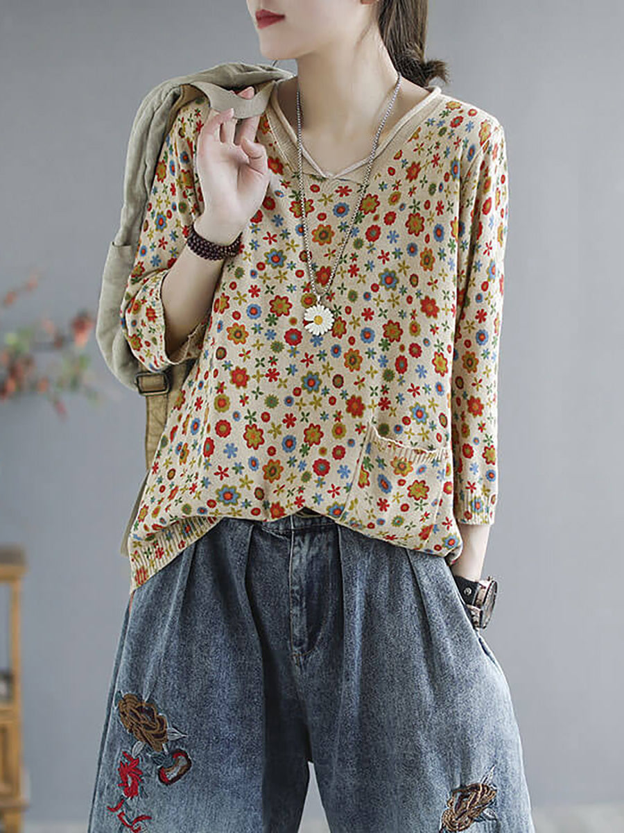 Maglione tascabile con stampa casual in maglia primaverile floreale