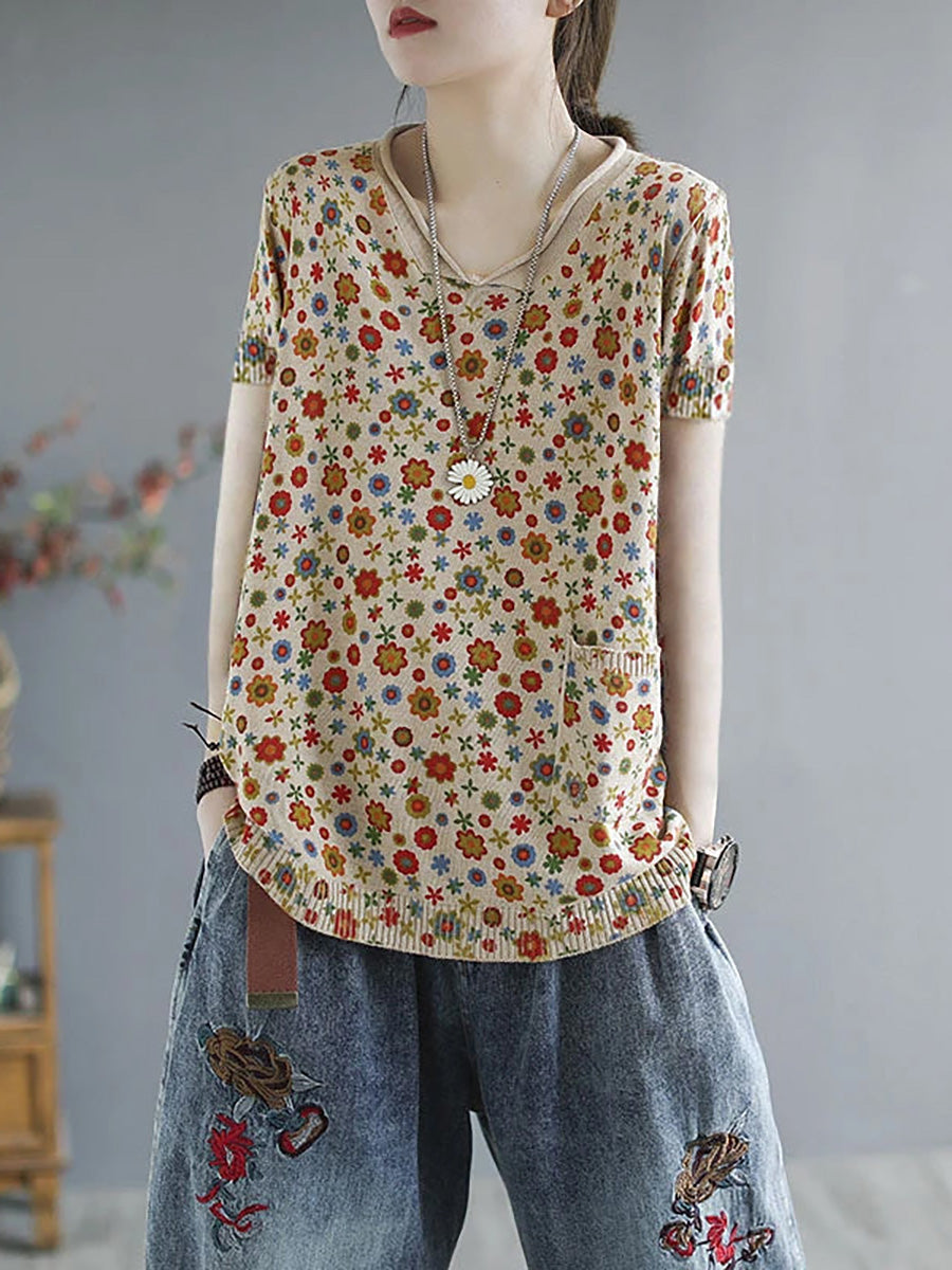 Maglione tascabile con stampa casual in maglia primaverile floreale