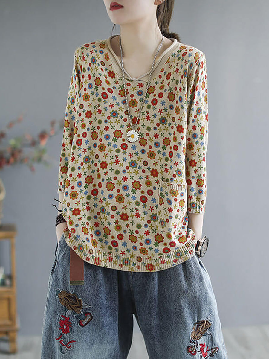 Maglione tascabile con stampa casual in maglia primaverile floreale