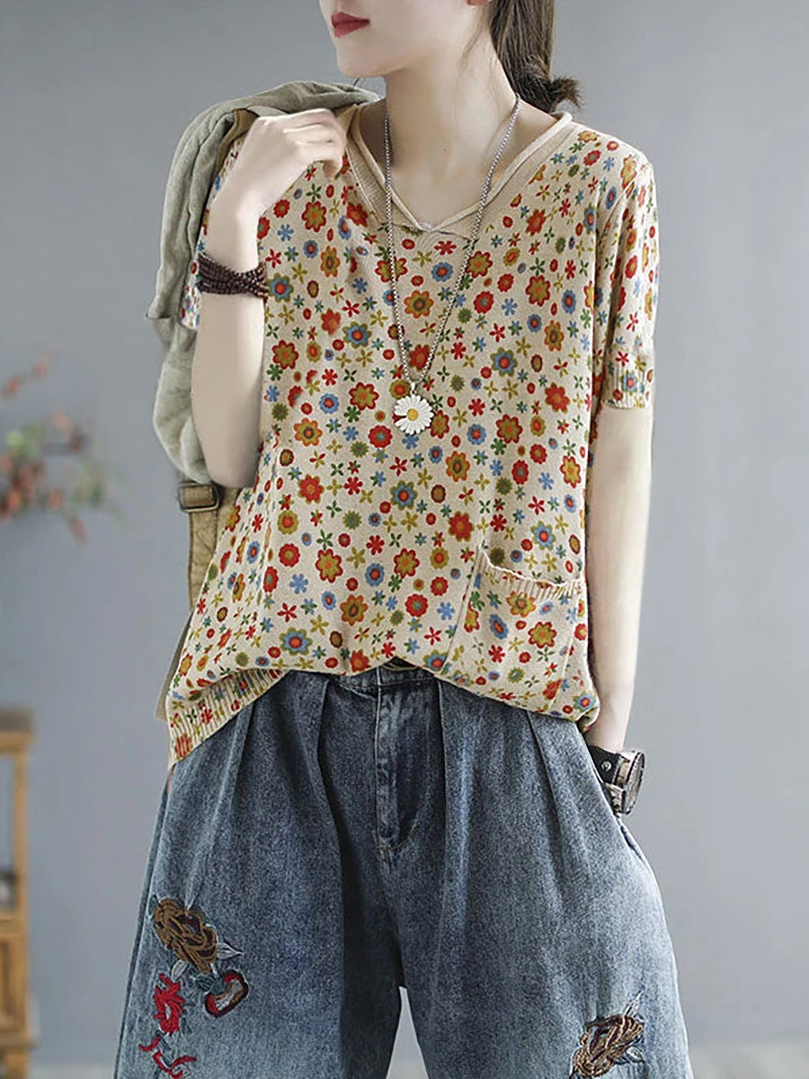 Maglione tascabile con stampa casual in maglia primaverile floreale