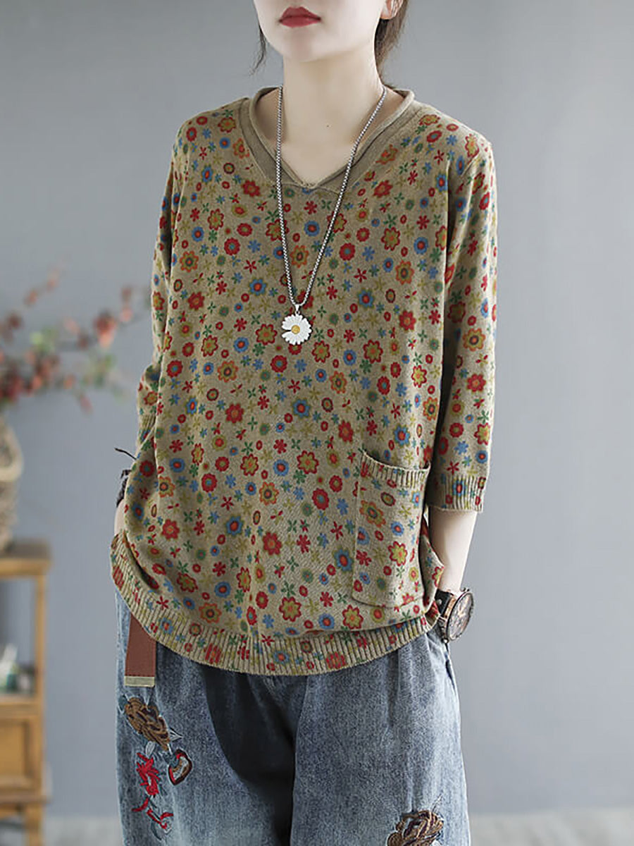 Maglione tascabile con stampa casual in maglia primaverile floreale