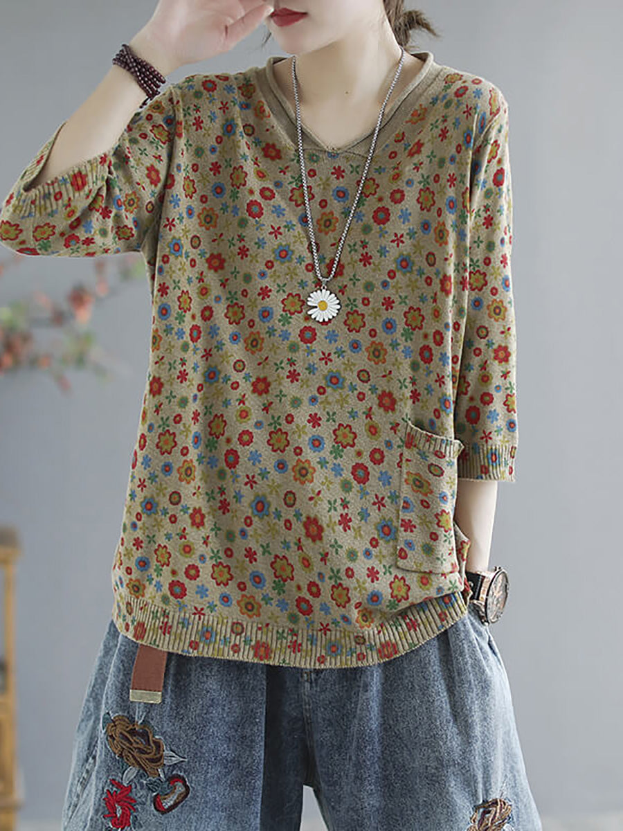 Maglione tascabile con stampa casual in maglia primaverile floreale