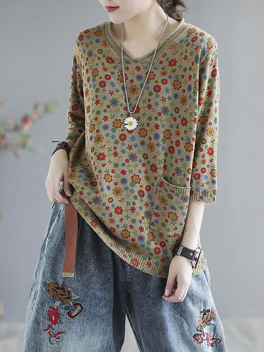 Maglione tascabile con stampa casual in maglia primaverile floreale