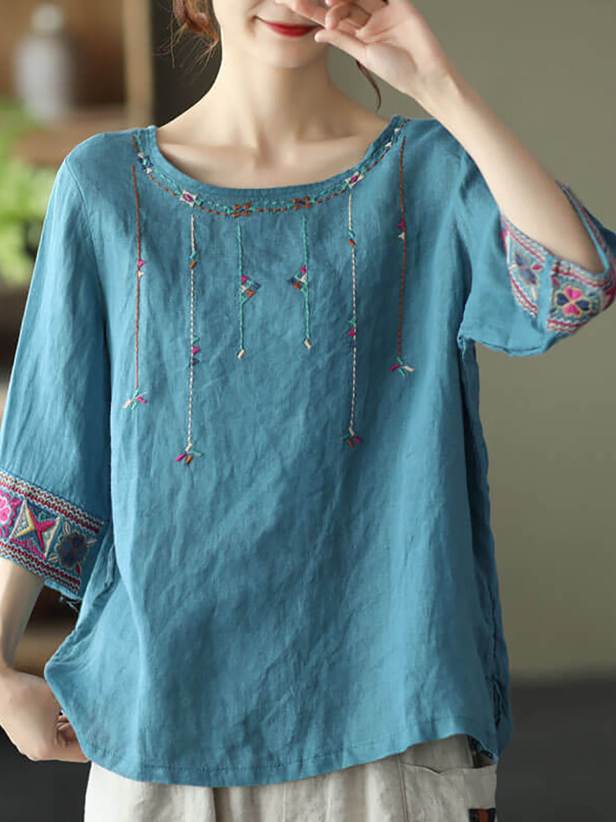 Women Linen Vintage Embroidered Tshirt