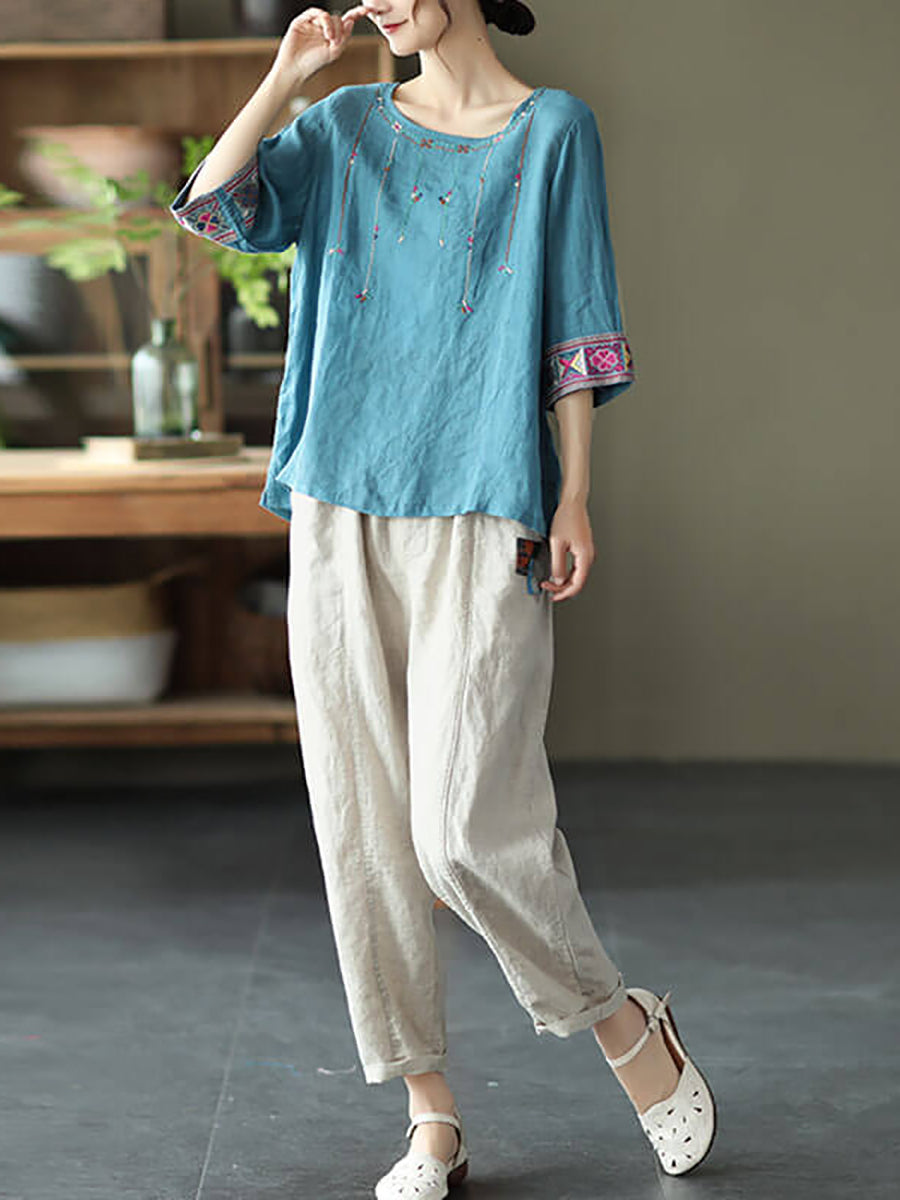 Women Linen Vintage Embroidered Tshirt