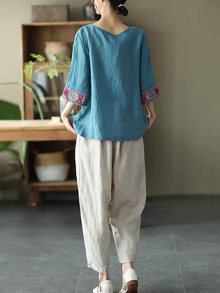 Women Linen Vintage Embroidered Tshirt