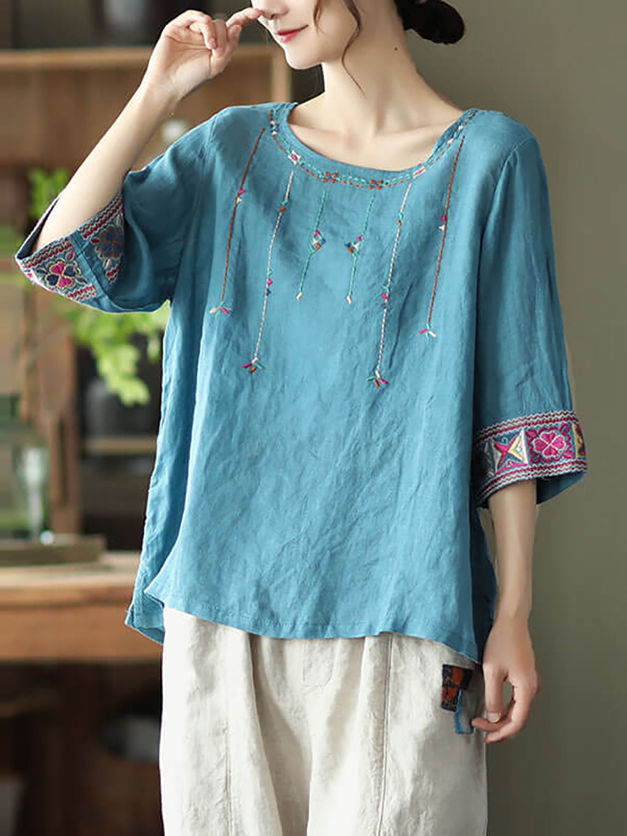 Women Linen Vintage Embroidered Tshirt