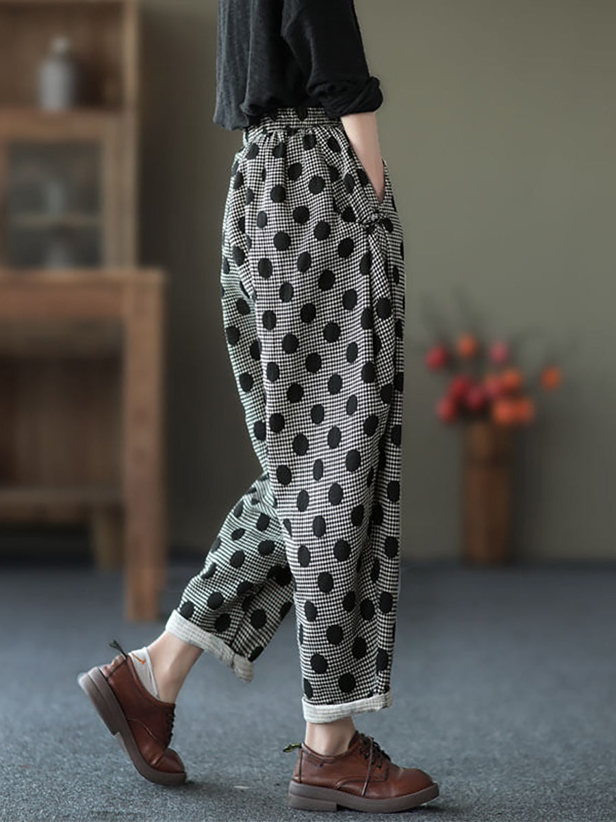 Pantaloni harem casual a pois in cotone con tasca retrò da donna