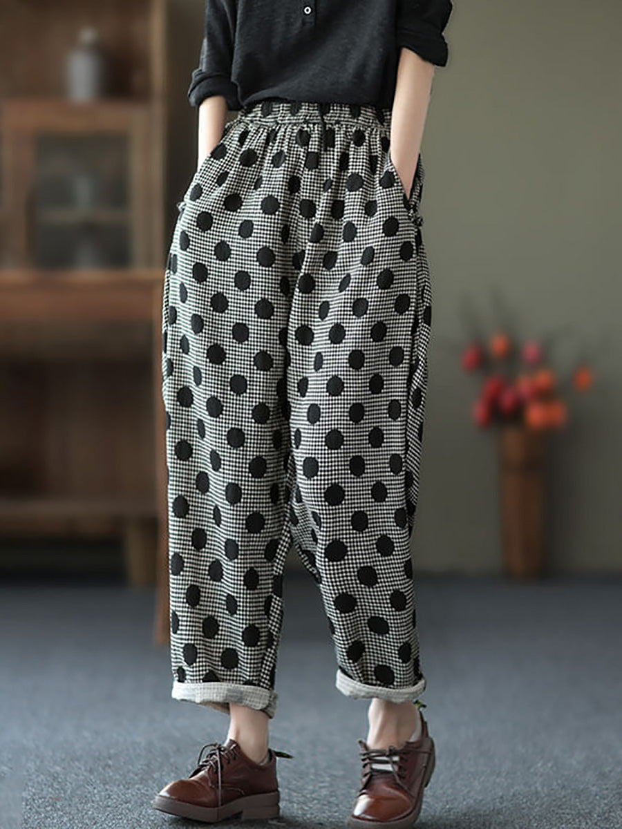 Pantaloni harem casual a pois in cotone con tasca retrò da donna