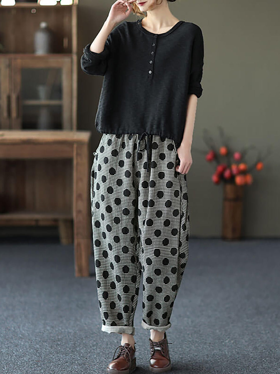 Pantaloni harem casual a pois in cotone con tasca retrò da donna