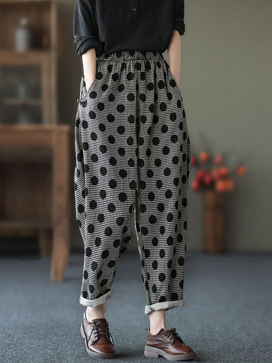 Pantaloni harem casual a pois in cotone con tasca retrò da donna