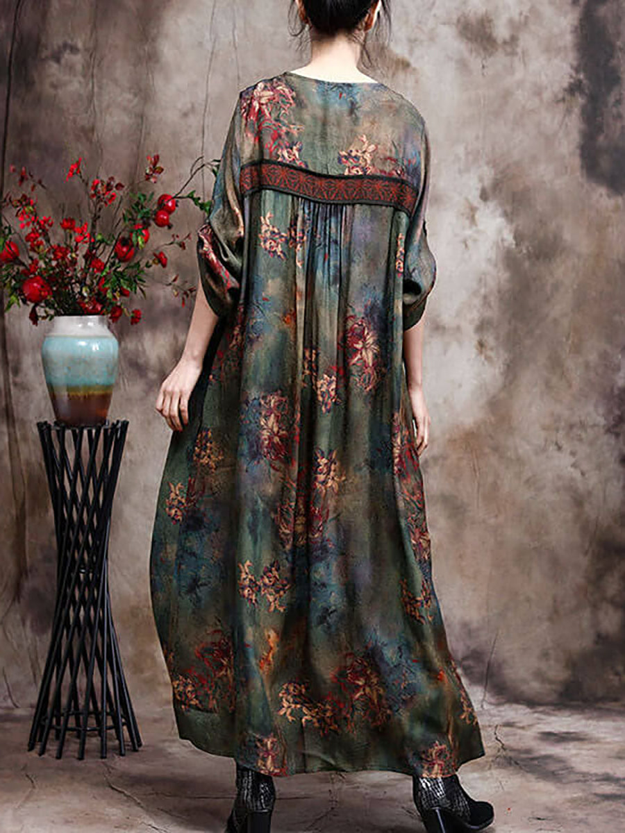 Women Retro Rayon Flower Maxi Dresses
