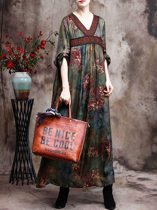 Robe longue à fleurs rétro en rayonne pour femmes