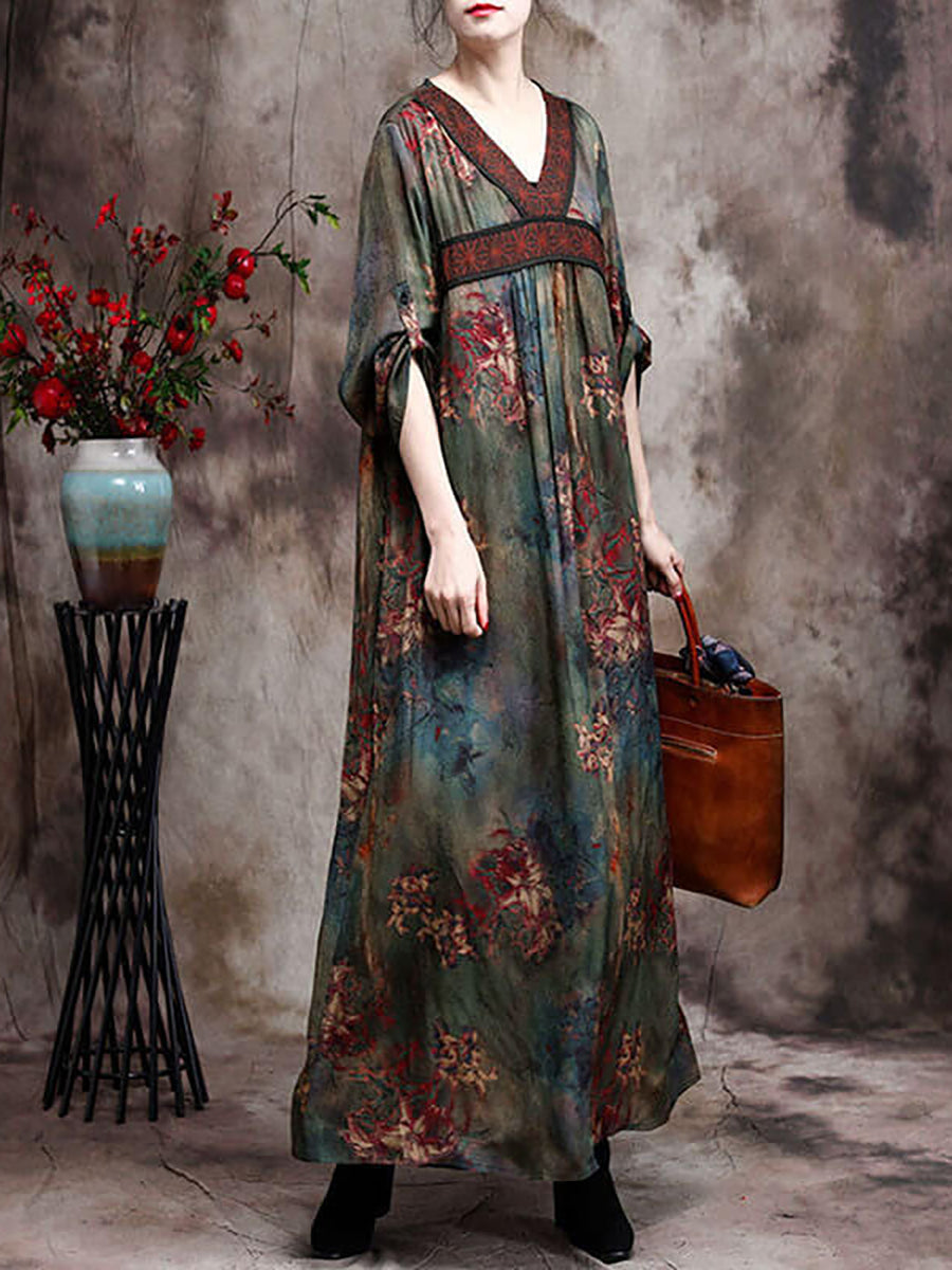 Women Retro Rayon Flower Maxi Dresses