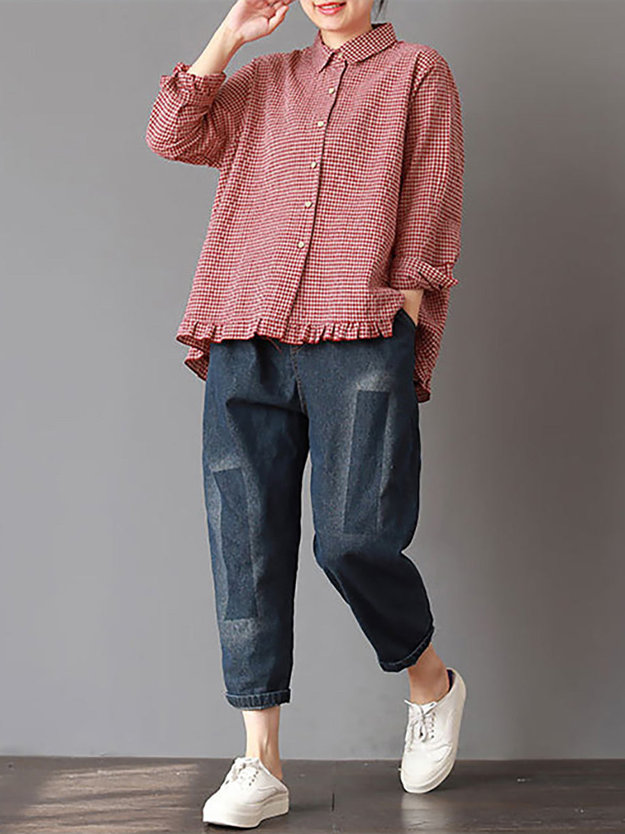 Camicia da donna in lino e cotone a quadri fatta a mano