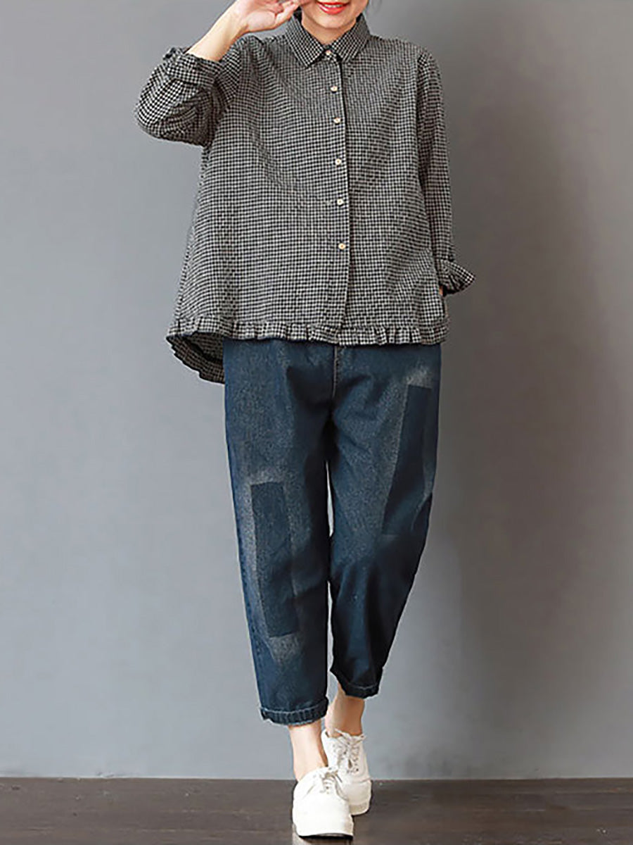 Camicia da donna in lino e cotone a quadri fatta a mano
