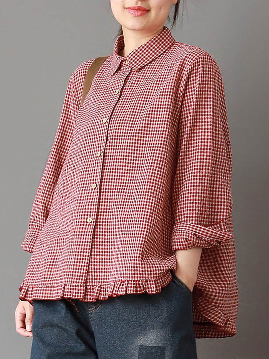 Camicia da donna in lino e cotone a quadri fatta a mano