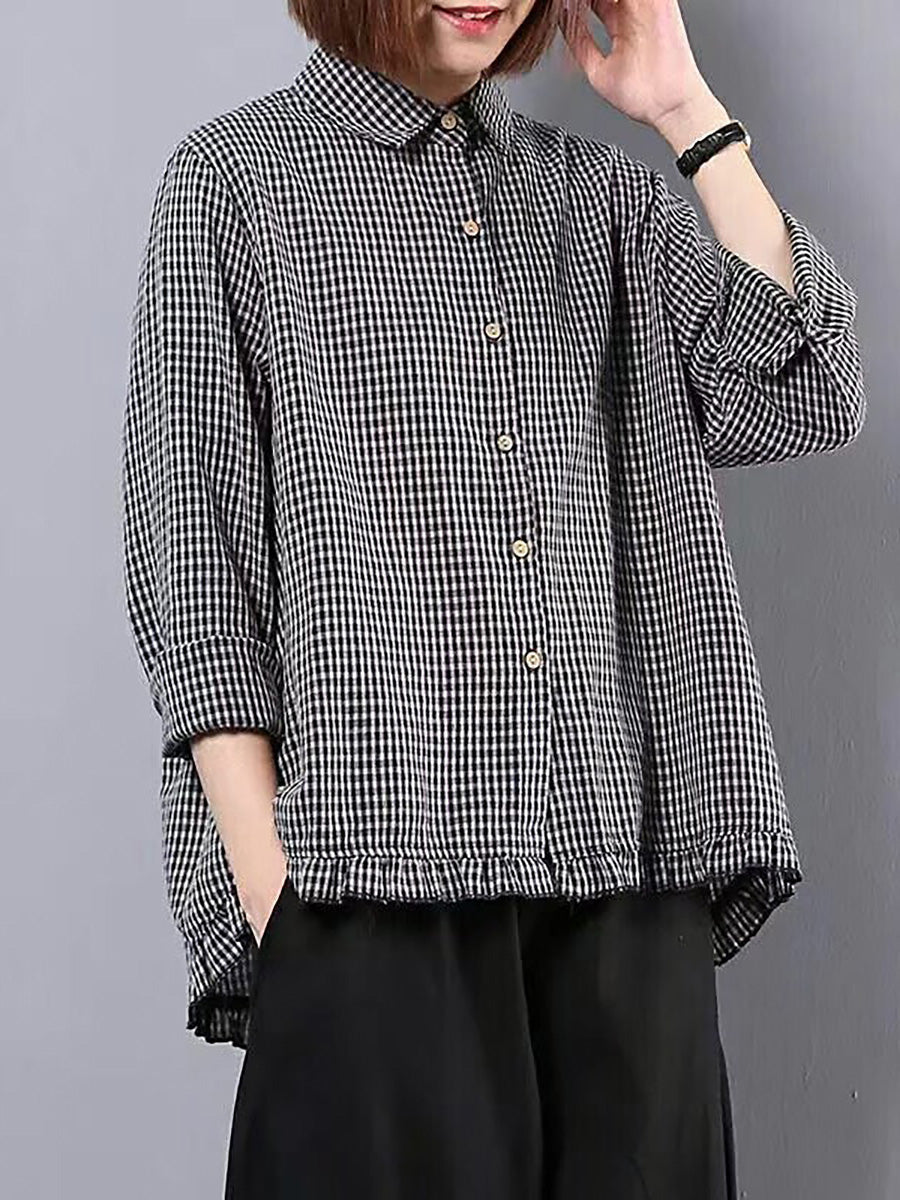 Camicia da donna in lino e cotone a quadri fatta a mano