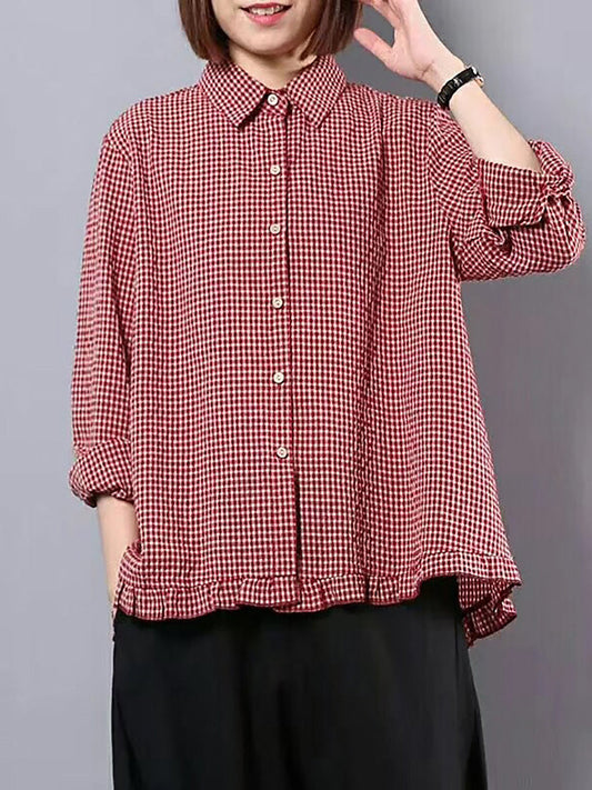 Camicia da donna in lino e cotone a quadri fatta a mano