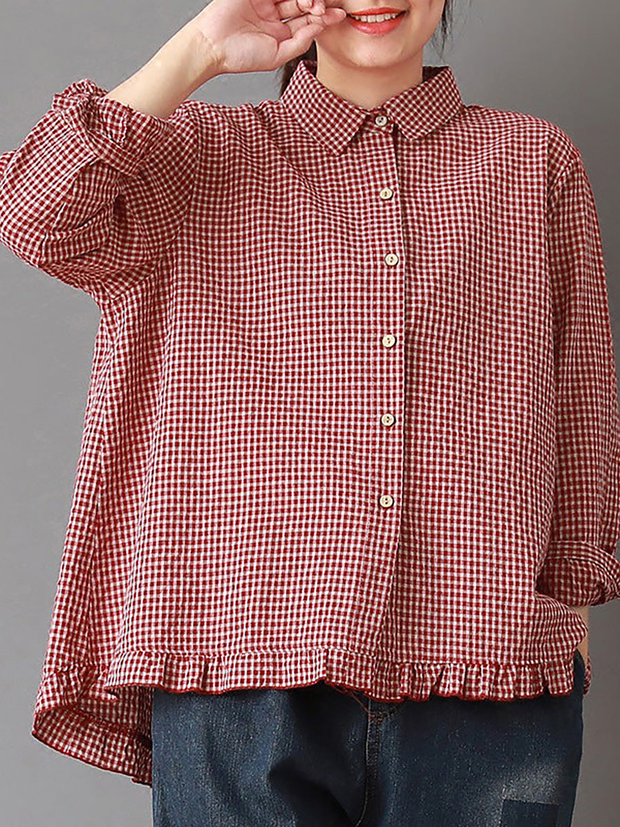 Camicia da donna in lino e cotone a quadri fatta a mano