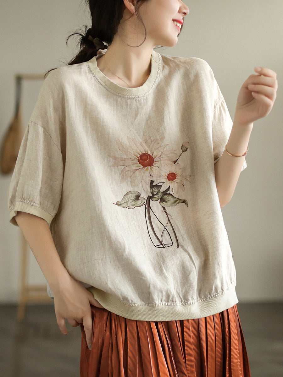 T-shirt d'été décontracté à manches courtes en lin pour femmes