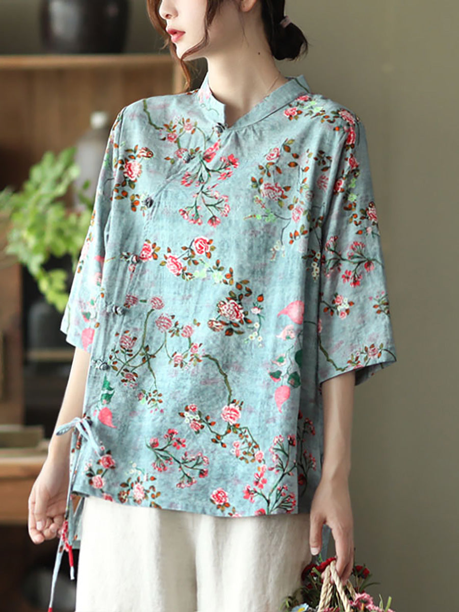 Camicia vintage irregolare floreale in lino di cotone