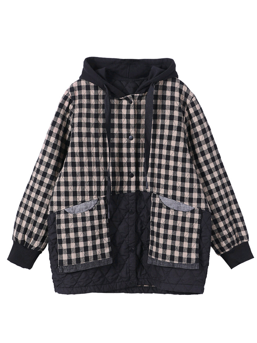 Cappotto imbottito con cappuccio colorblock a quadri in stile coreano da donna
