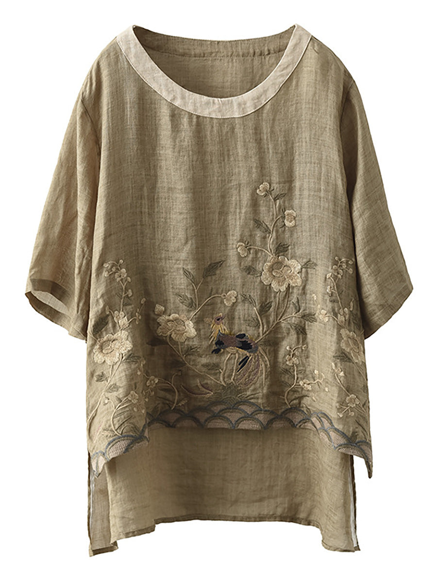 T-shirt décontracté à broderies en ramie pour femme