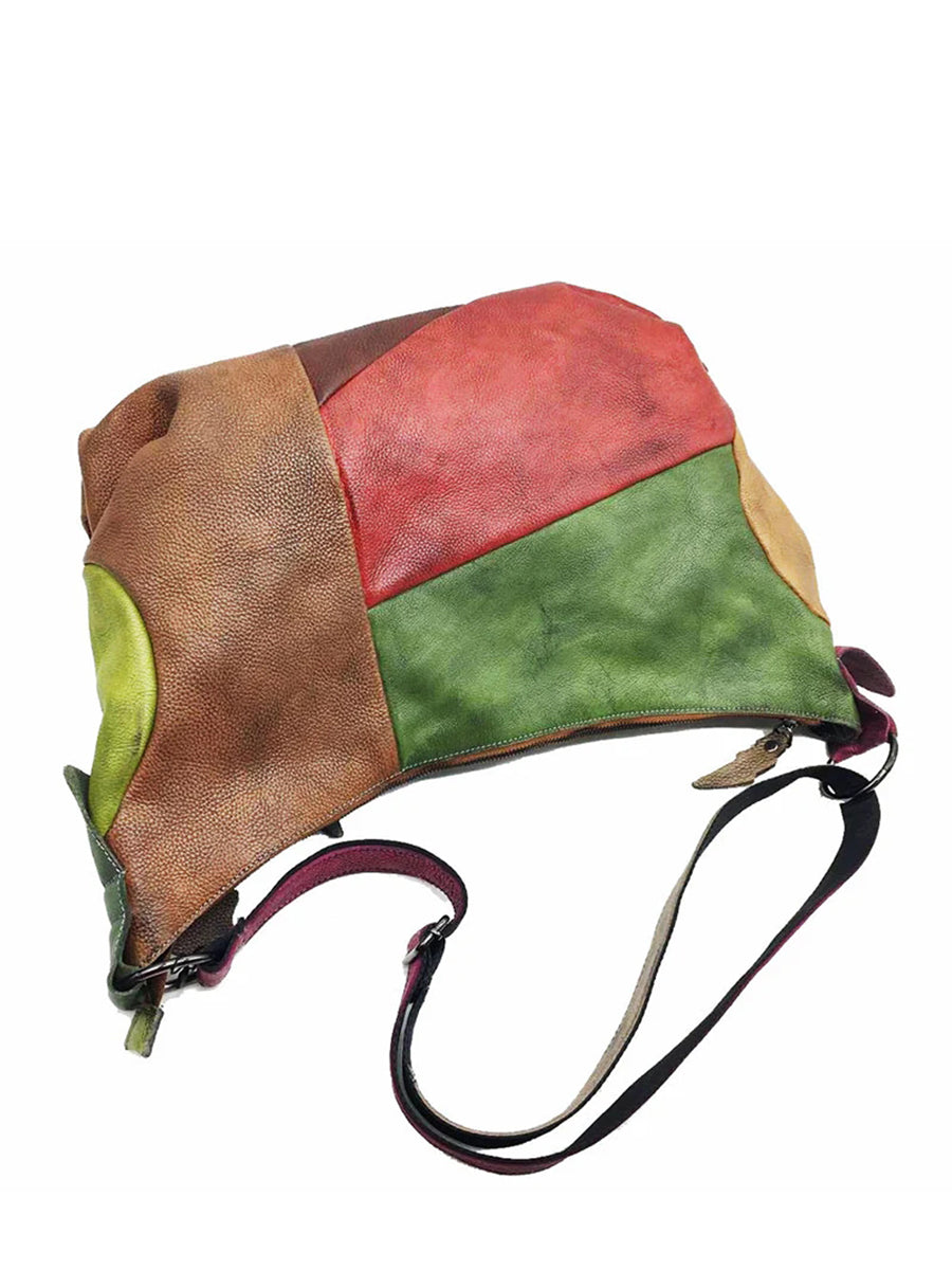 Buykud - Borsa a tracolla in pelle con colori a contrasto retrò