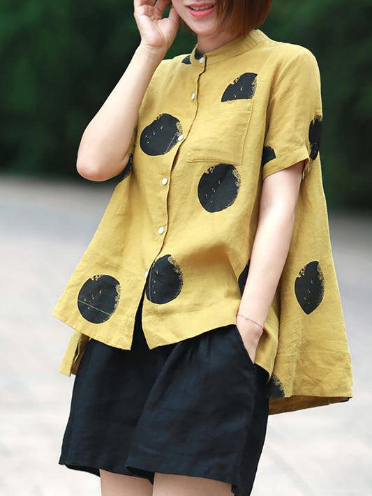 Camicia a collo alto in cotone e lino a pois