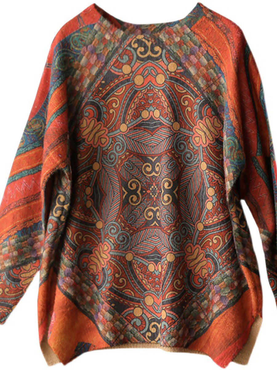 Women Vintage Printed O Neck Long Sleeve Sweater