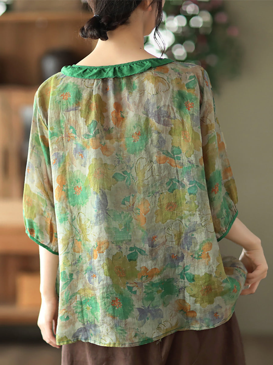Camicia estiva vintage da donna con motivo floreale Ramie