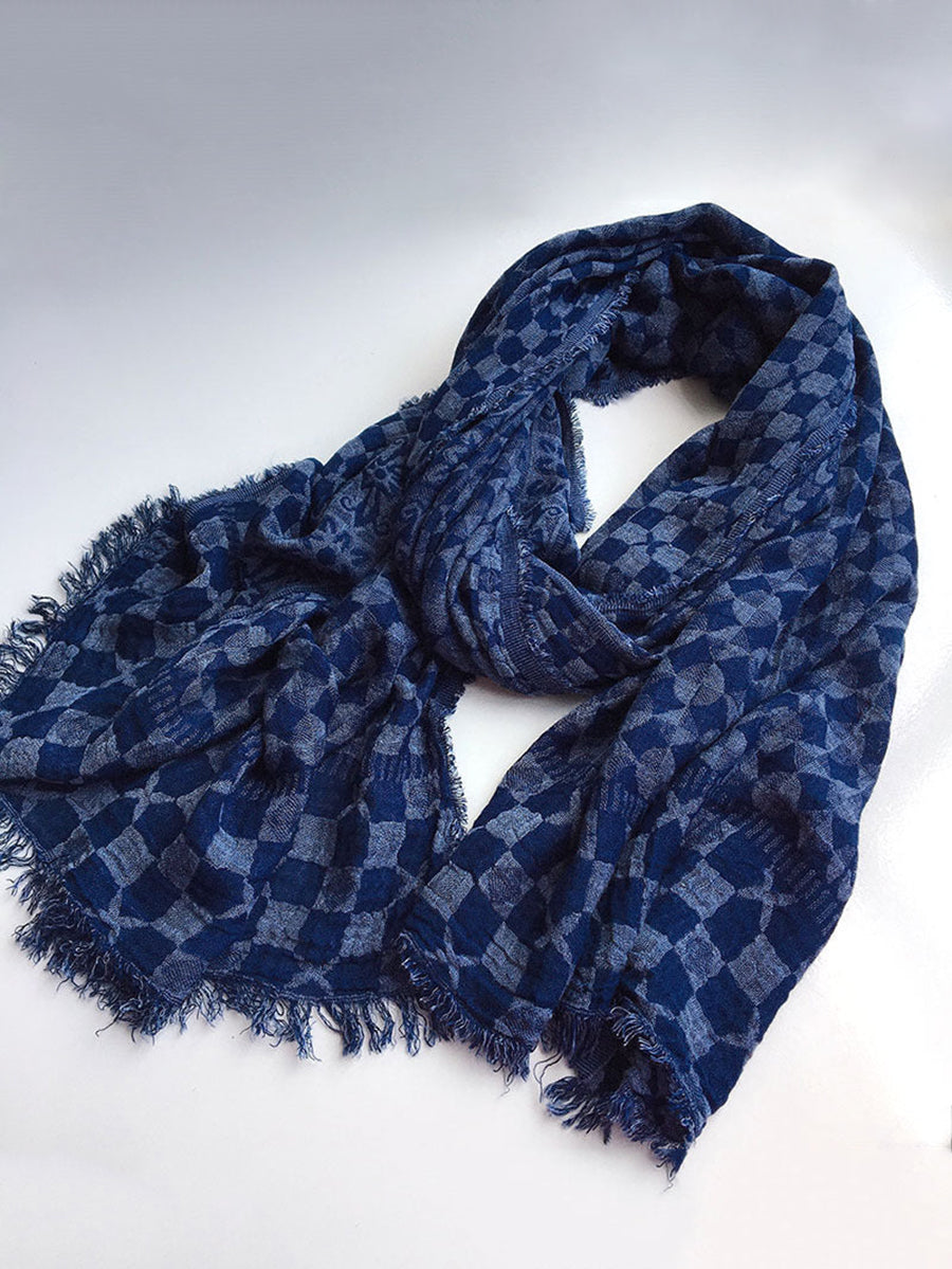 Sciarpa scialle con nappe blu batik geometrica retrò da donna