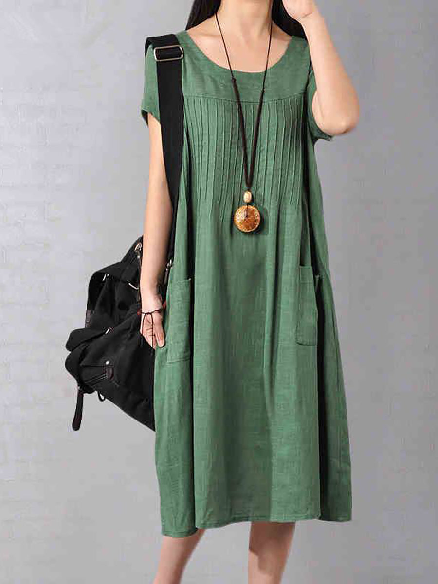 Women Cotton Linen Loose Fitting Dress in Green