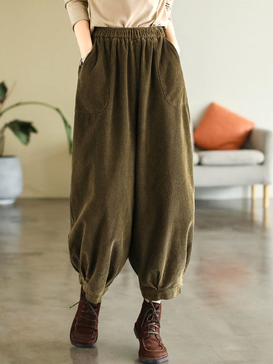 Women Vintage Corduroy Pure Color Loose Harem Pants