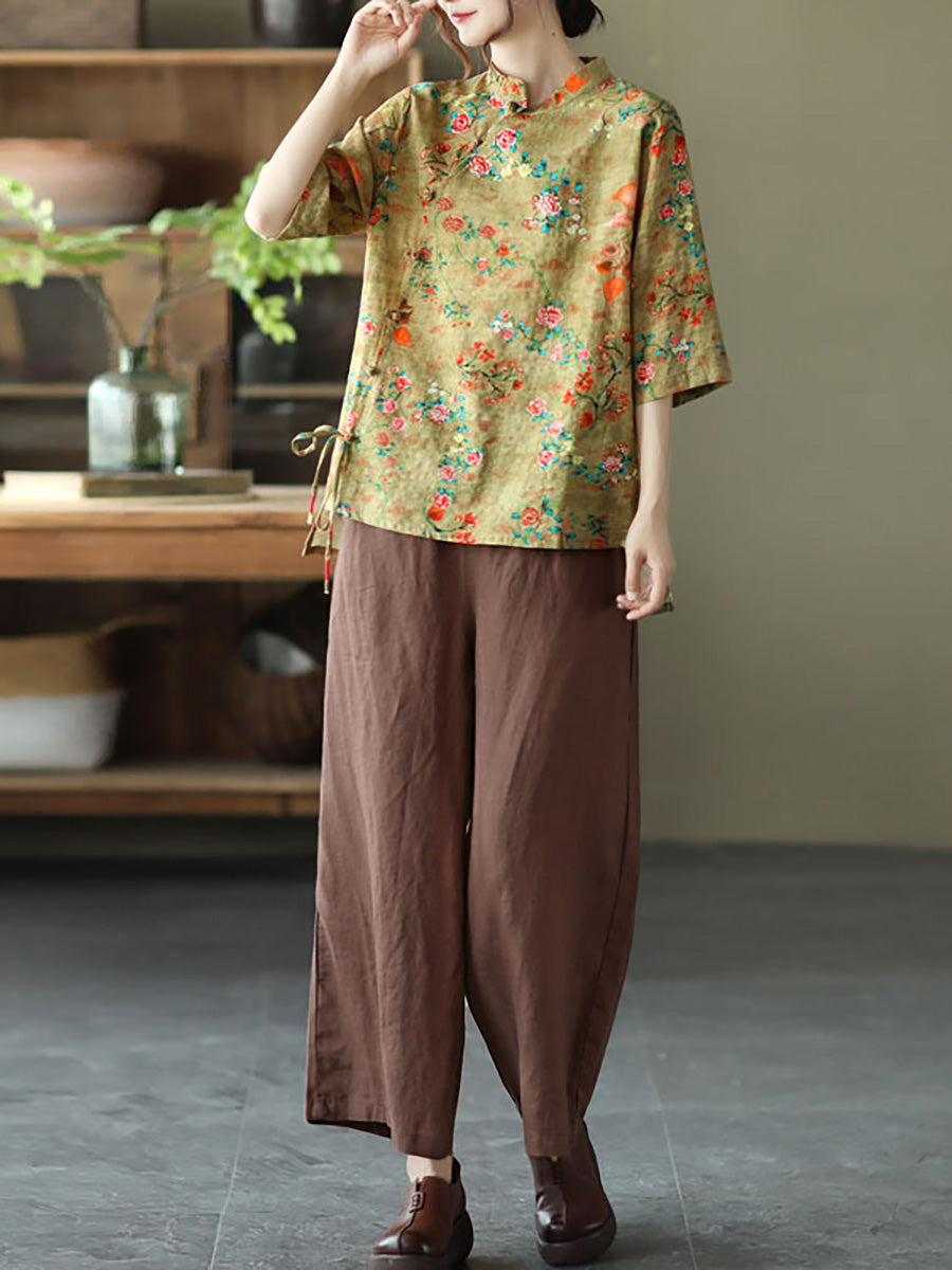 Camicia vintage irregolare floreale in lino di cotone