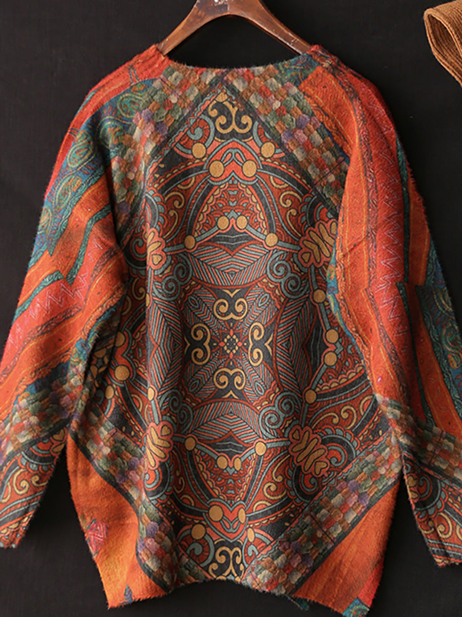 Women Vintage Printed O Neck Long Sleeve Sweater