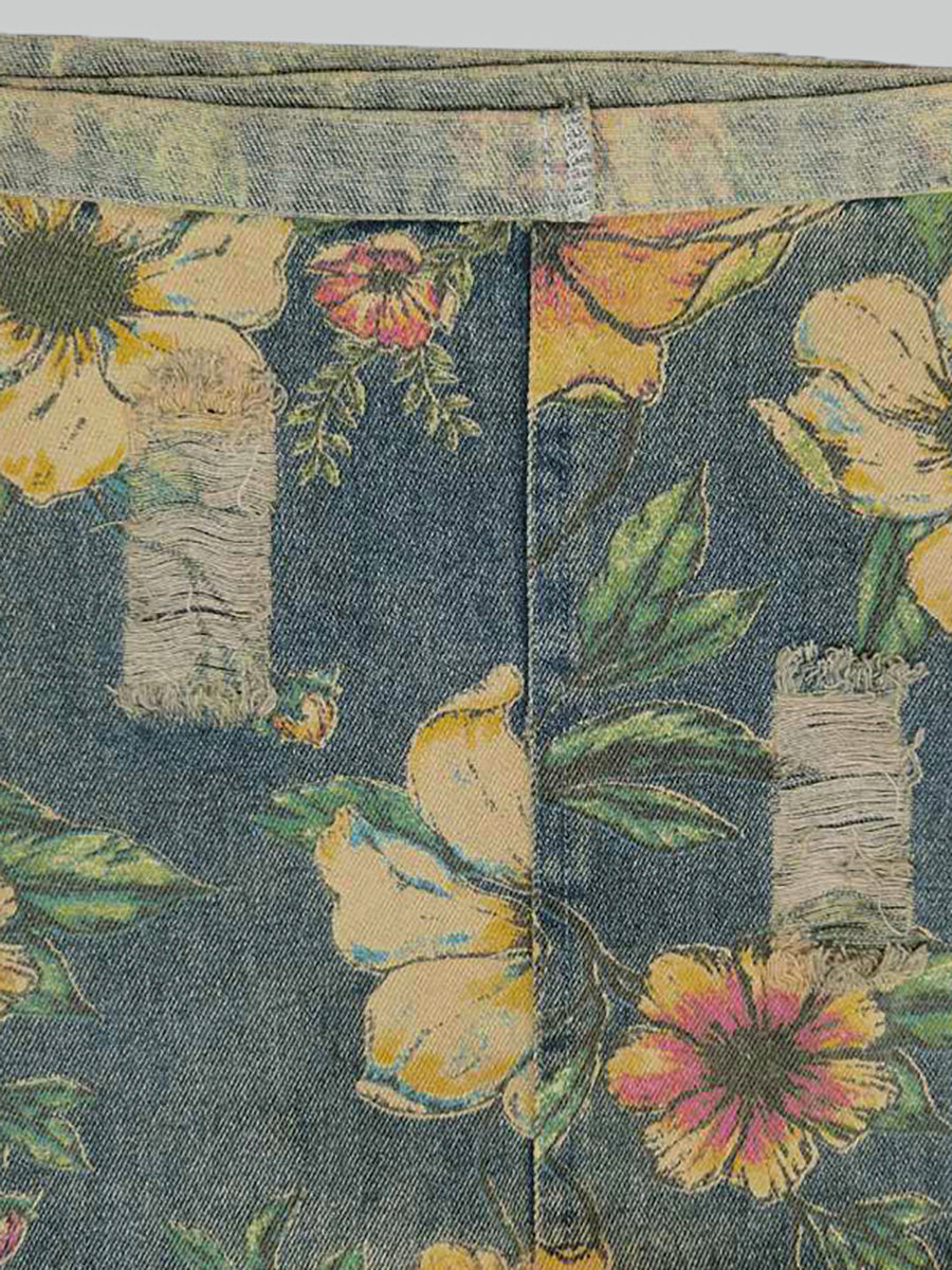 Salopette in denim casual con stampa floreale in cotone