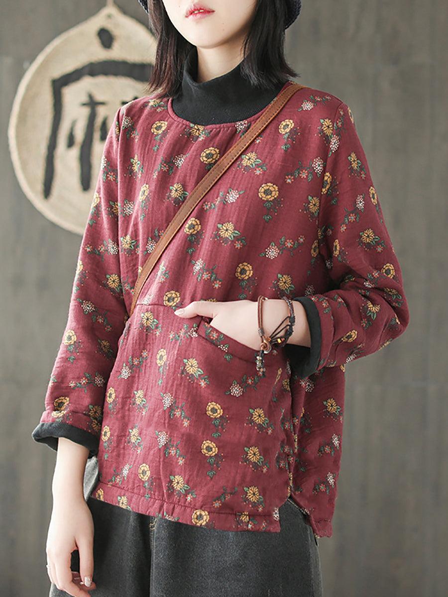 Camicia in cotone con collo a mezza altezza e fiore vintage