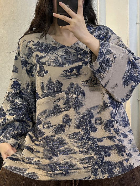 Camicia a maniche lunghe con scollo a V e stampa vintage da donna